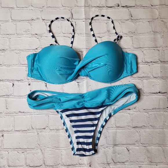 Turquoise Navy Blue Stripe Bikini - Cheeky Bottoms - Push-Up Cups - Size L - Picture 1 of 12